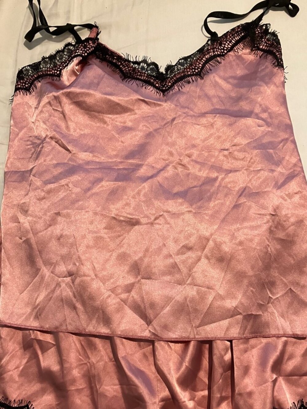 Worn No Brand Sleepwear Set Silky Feel Pink with Black Lace Size S